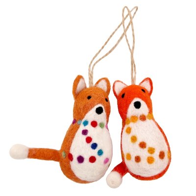 Felted Ornament Foxes with Dots, Set of 2